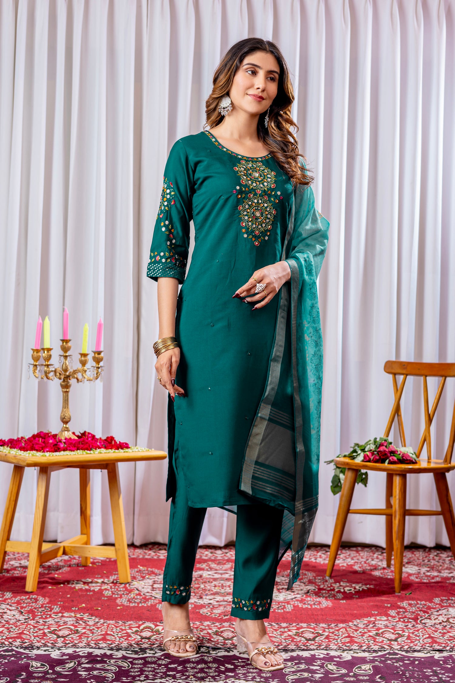 Lorenvalley Fashion Green Viscose Silk Embroidery Thread With Hand Work Kurta Pant Dupatta