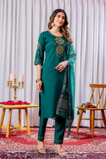 Thumbnail for Lorenvalley Fashion Green Viscose Silk Embroidery Thread With Hand Work Kurta Pant Dupatta