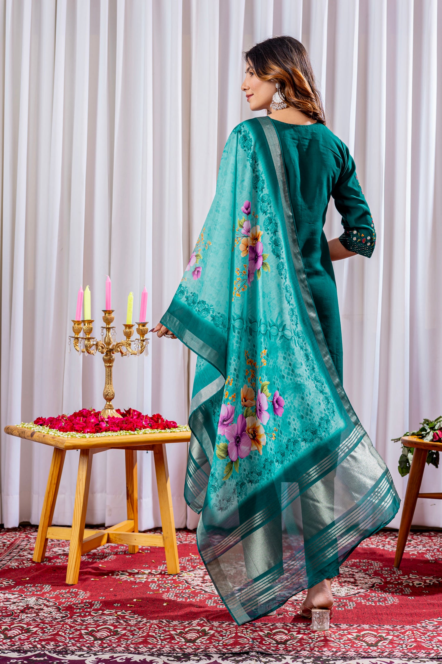 Lorenvalley Fashion Green Viscose Silk Embroidery Thread With Hand Work Kurta Pant Dupatta