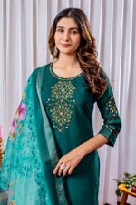 Thumbnail for Lorenvalley Fashion Green Viscose Silk Embroidery Thread With Hand Work Kurta Pant Dupatta