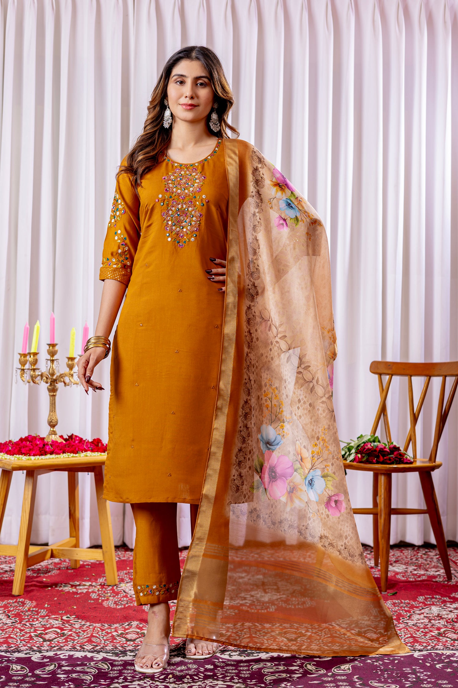Lorenvalley Fashion Mustard Viscose Silk Embroidery Thread With Hand Work Kurta Pant Dupatta