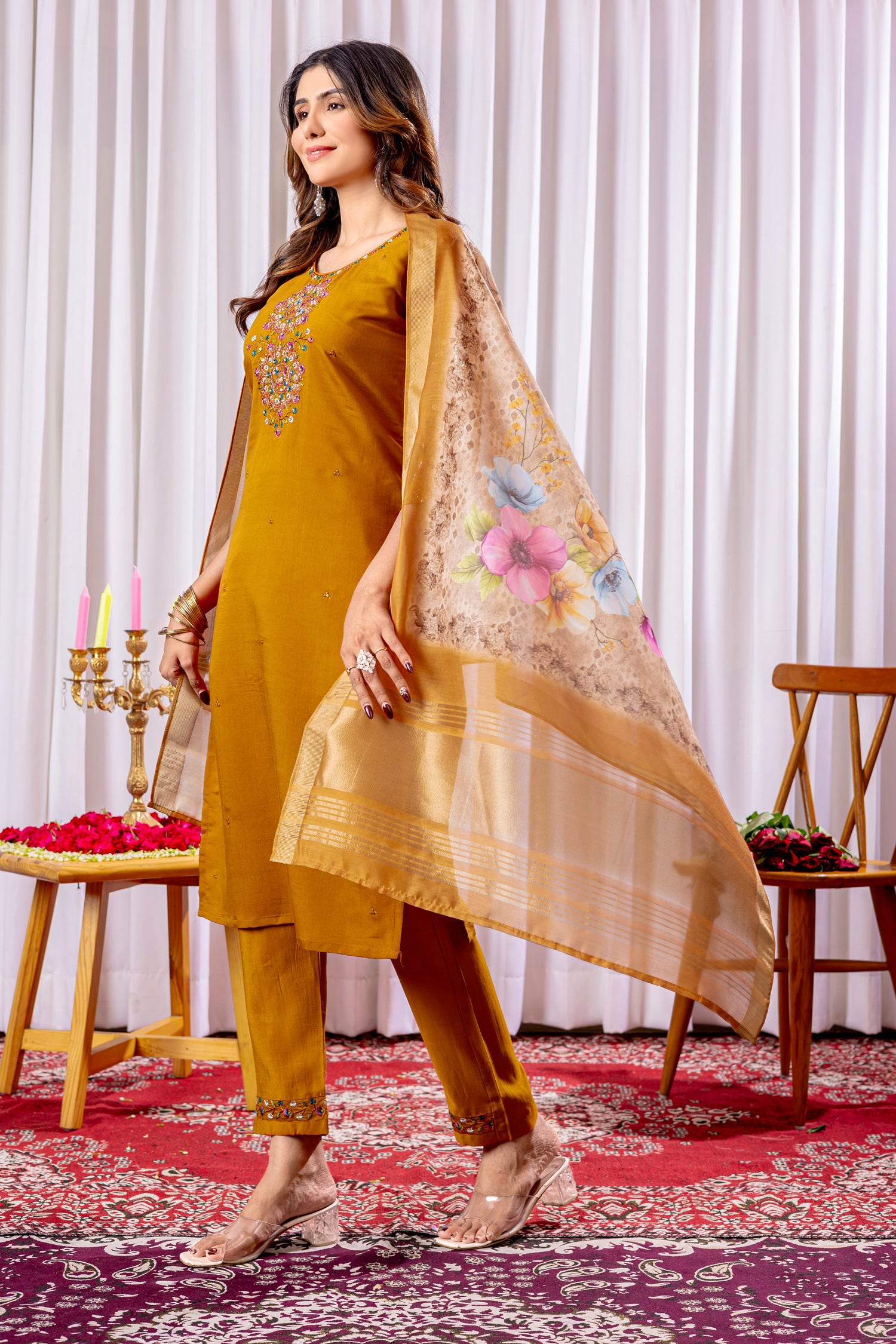 Lorenvalley Fashion Mustard Viscose Silk Embroidery Thread With Hand Work Kurta Pant Dupatta