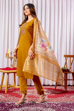 Thumbnail for Lorenvalley Fashion Mustard Viscose Silk Embroidery Thread With Hand Work Kurta Pant Dupatta