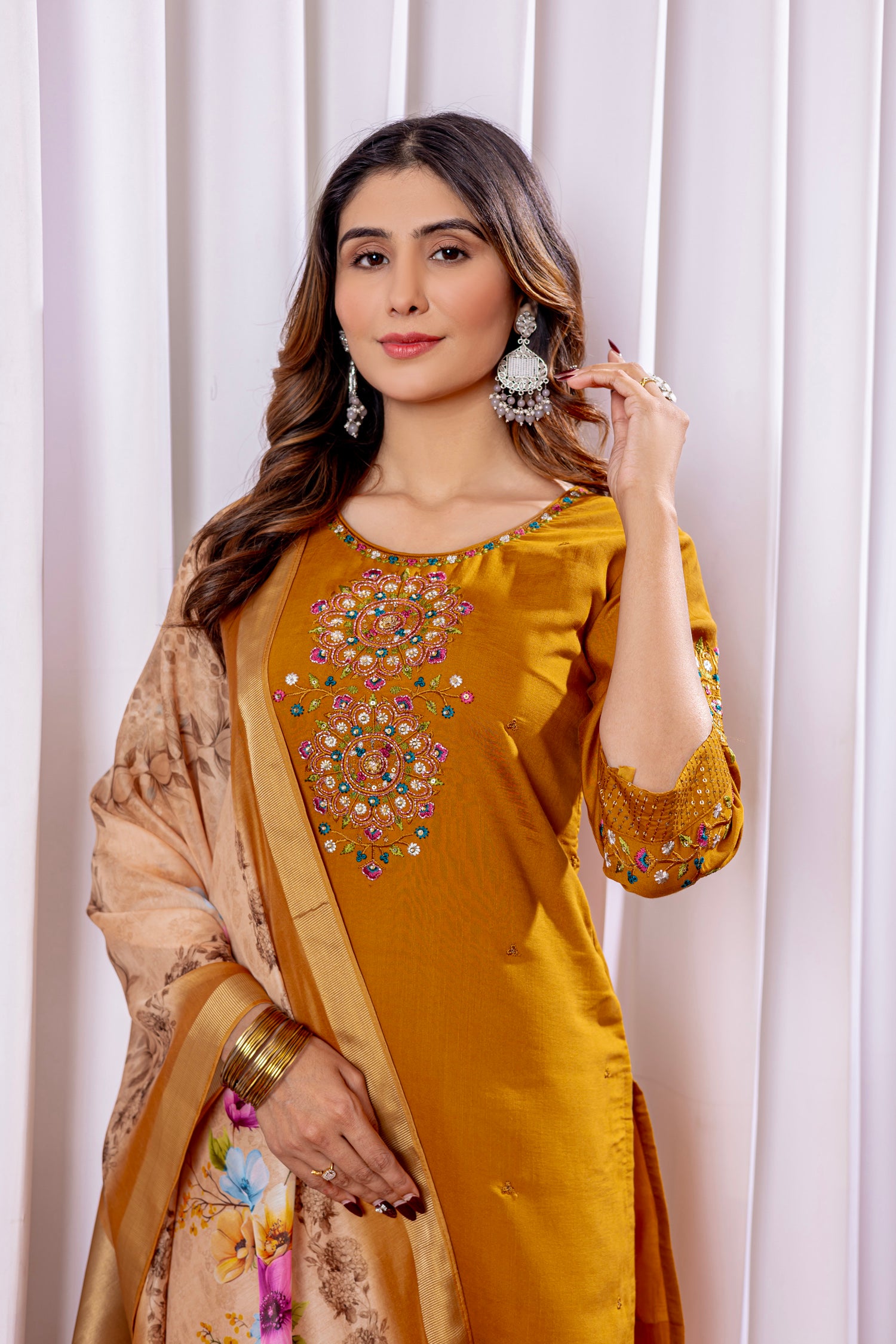 Lorenvalley Fashion Mustard Viscose Silk Embroidery Thread With Hand Work Kurta Pant Dupatta