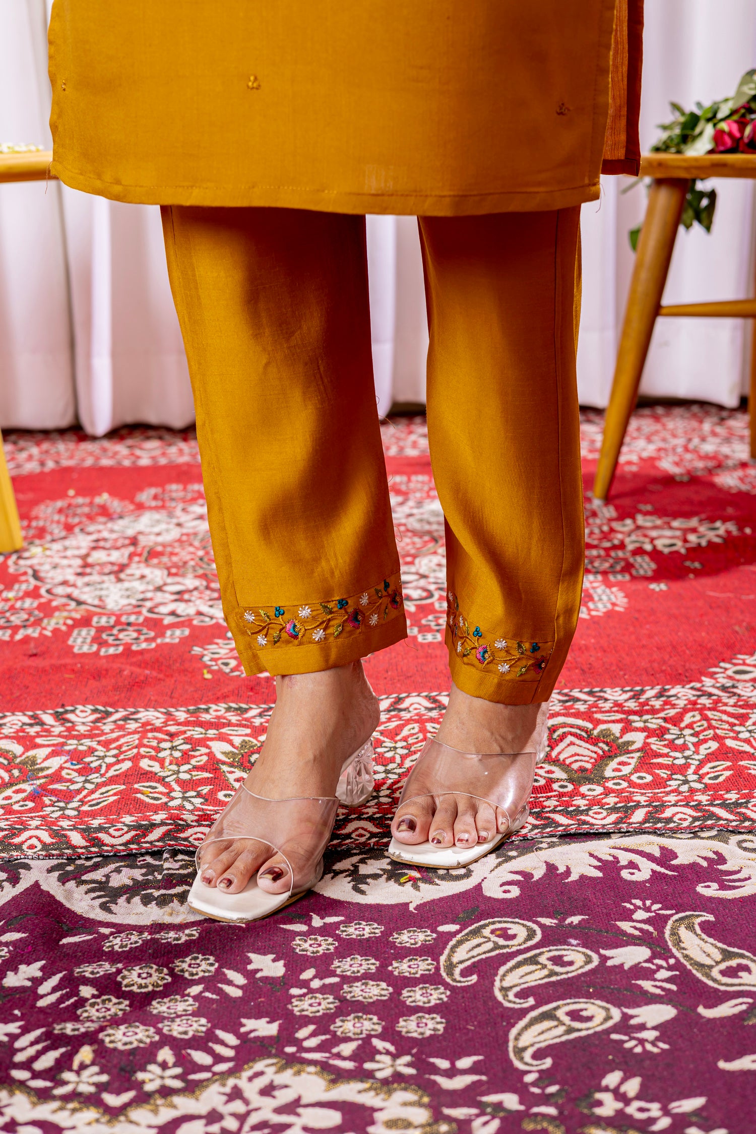 Lorenvalley Fashion Mustard Viscose Silk Embroidery Thread With Hand Work Kurta Pant Dupatta