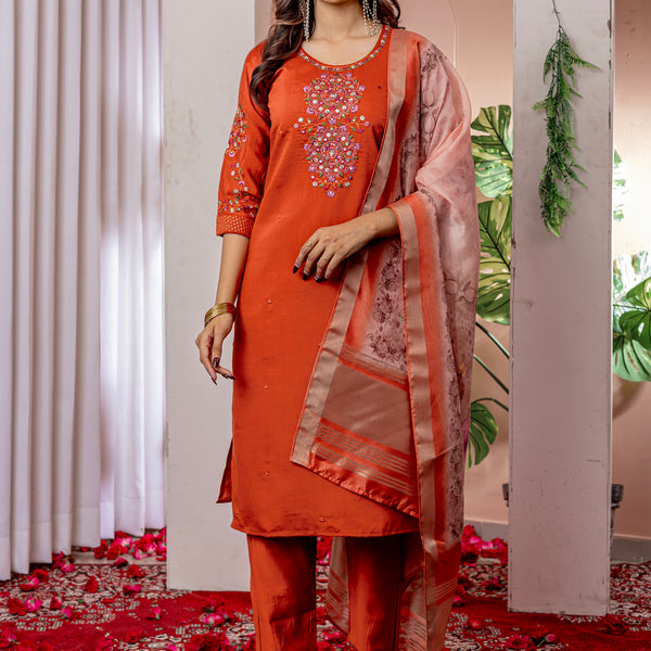 Lorenvalley Fashion Orange Viscose Silk Embroidery Thread With Hand Work Kurta Pant Dupatta - Distacart