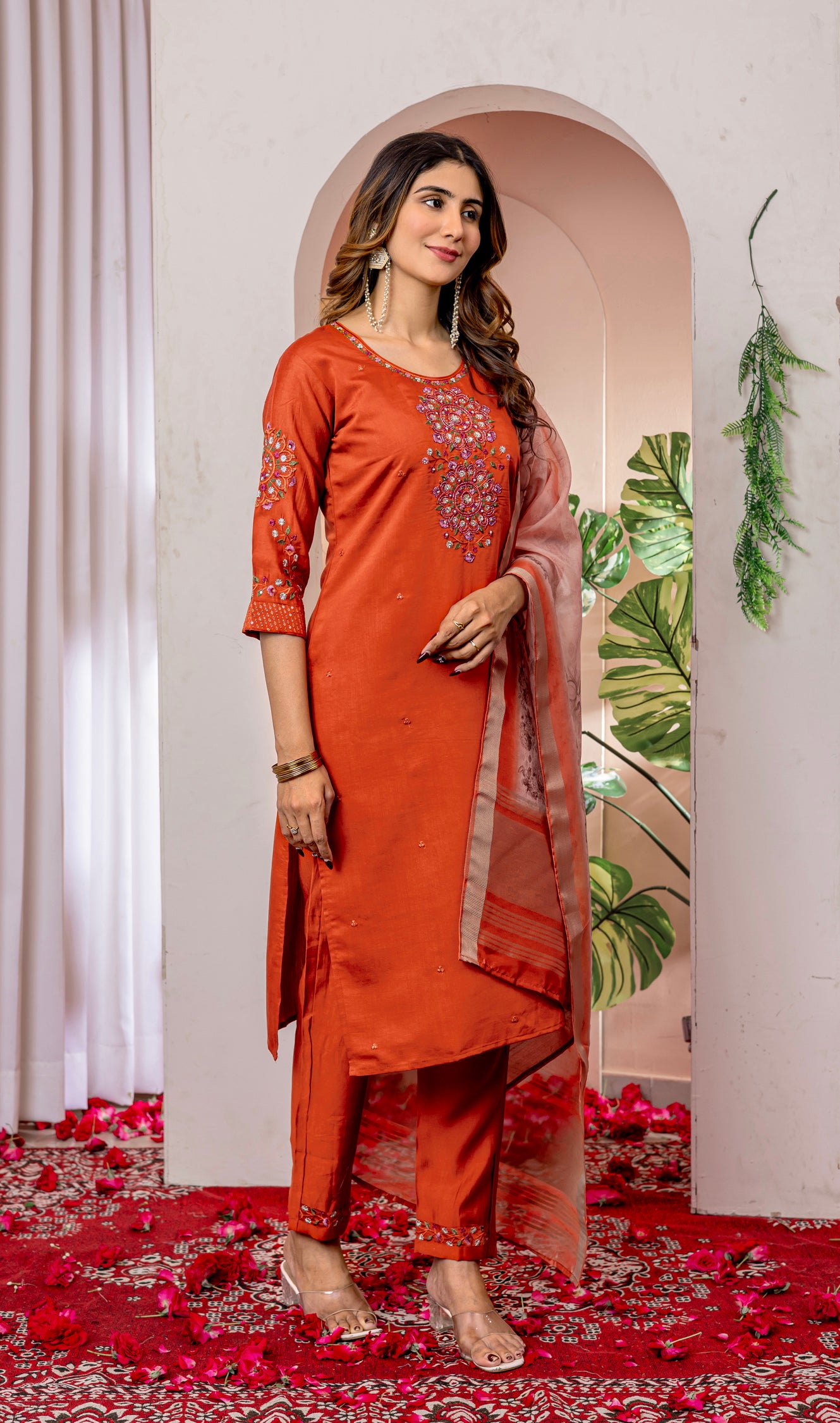 Lorenvalley Fashion Orange Viscose Silk Embroidery Thread With Hand Work Kurta Pant Dupatta