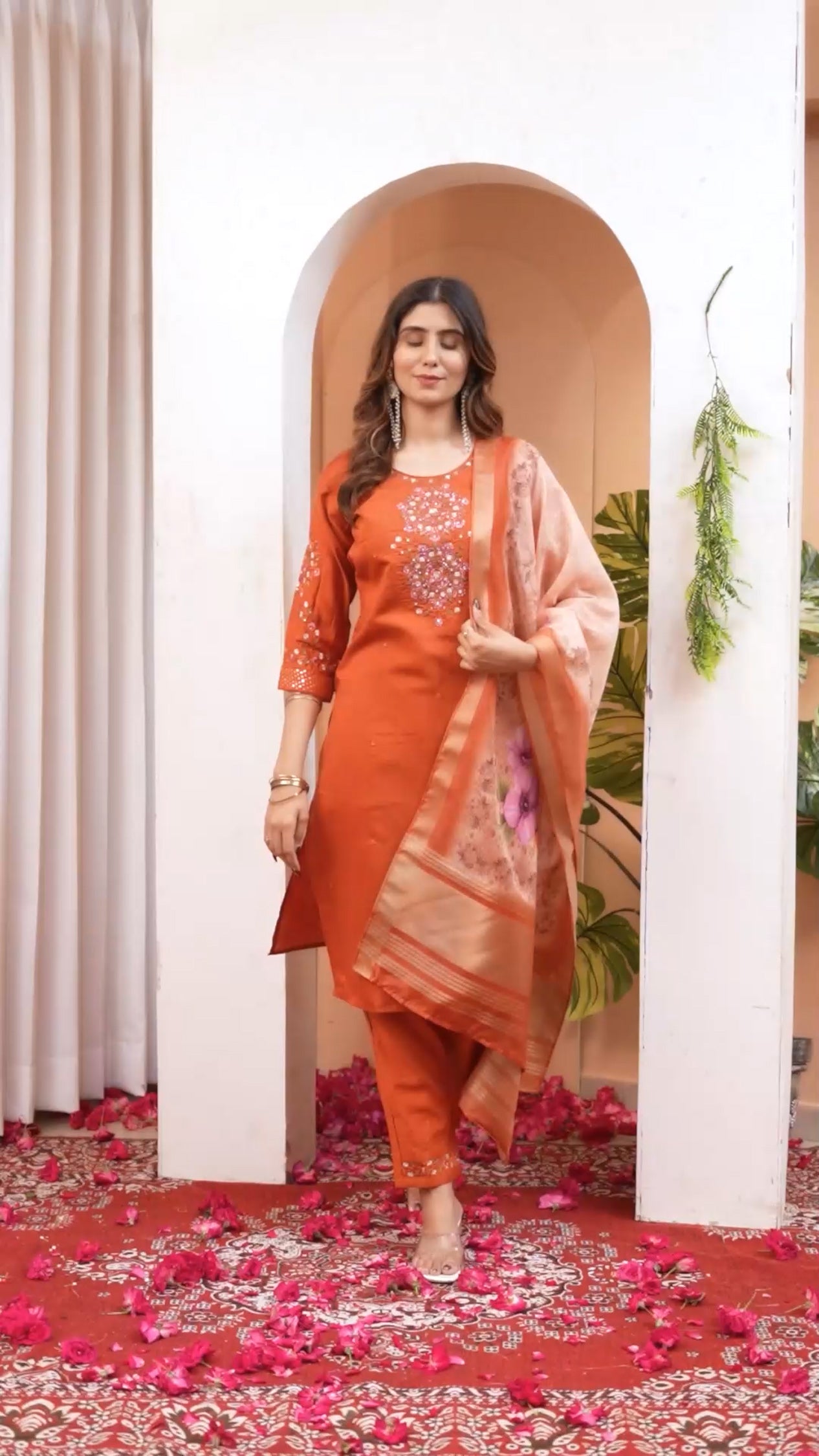 Lorenvalley Fashion Orange Viscose Silk Embroidery Thread With Hand Work Kurta Pant Dupatta