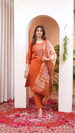 Thumbnail for Lorenvalley Fashion Orange Viscose Silk Embroidery Thread With Hand Work Kurta Pant Dupatta