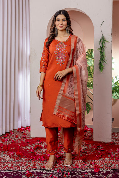 Lorenvalley Fashion Orange Viscose Silk Embroidery Thread With Hand Work Kurta Pant Dupatta