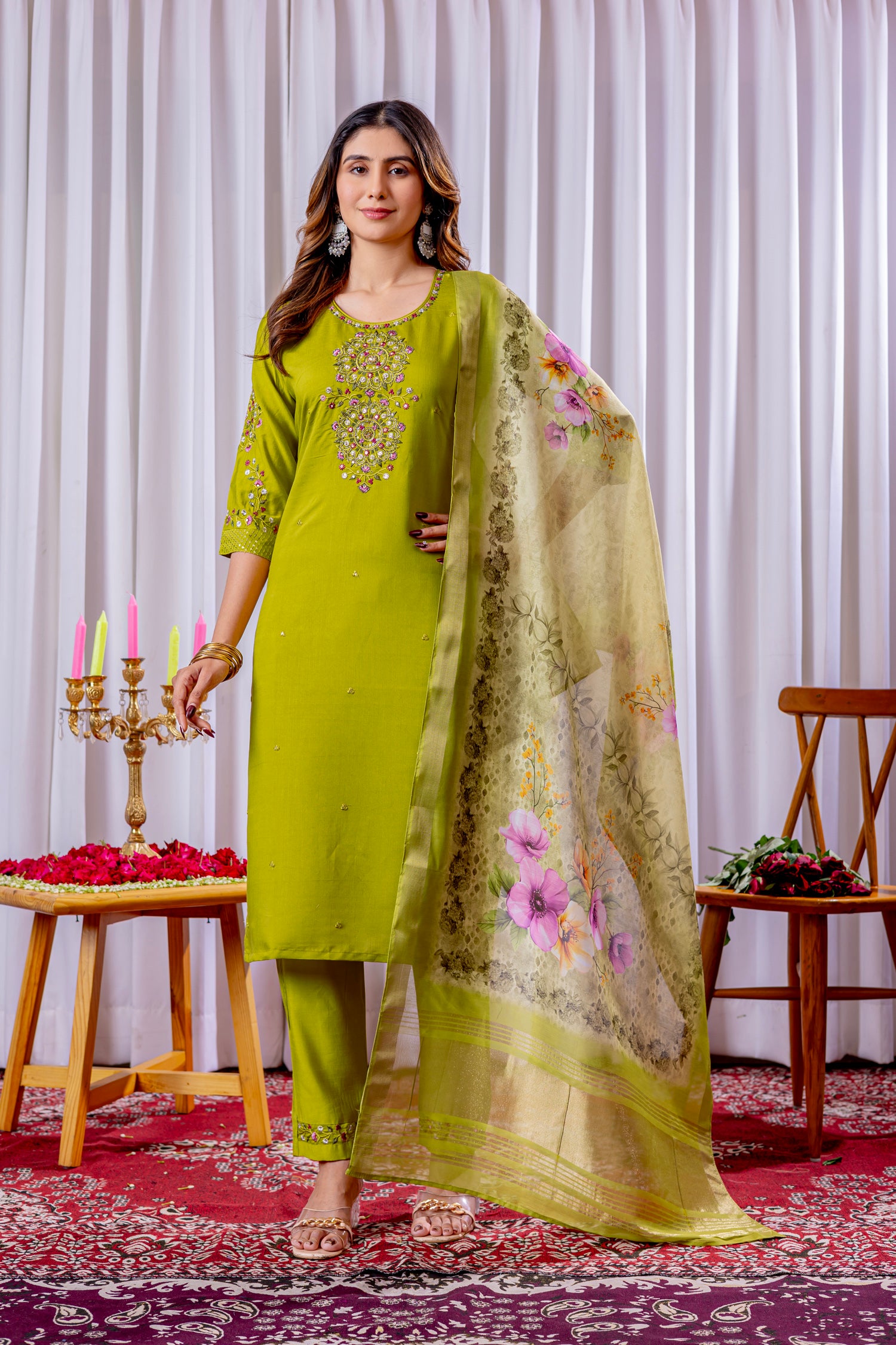 Lorenvalley Fashion Parrotgreen Viscose Silk Embroidery Thread With Hand Work Kurta Pant Dupatta