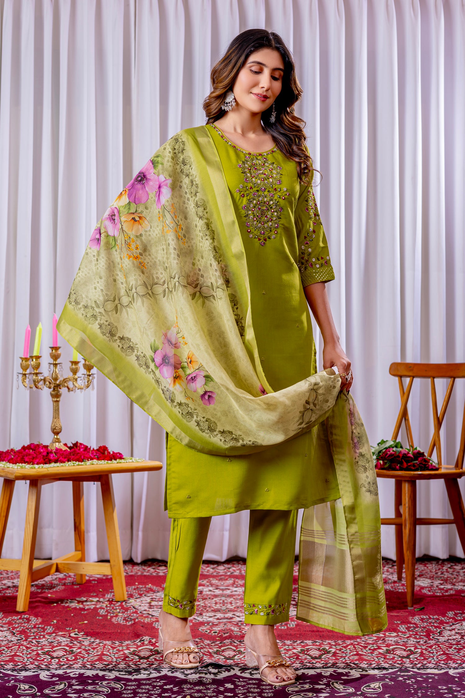 Lorenvalley Fashion Parrotgreen Viscose Silk Embroidery Thread With Hand Work Kurta Pant Dupatta