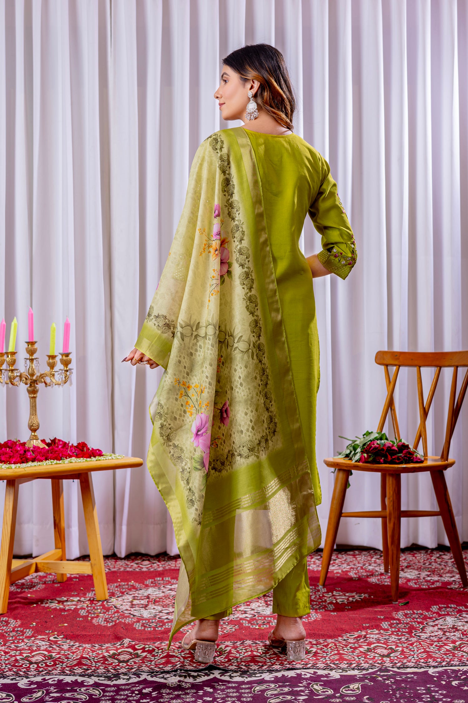Lorenvalley Fashion Parrotgreen Viscose Silk Embroidery Thread With Hand Work Kurta Pant Dupatta
