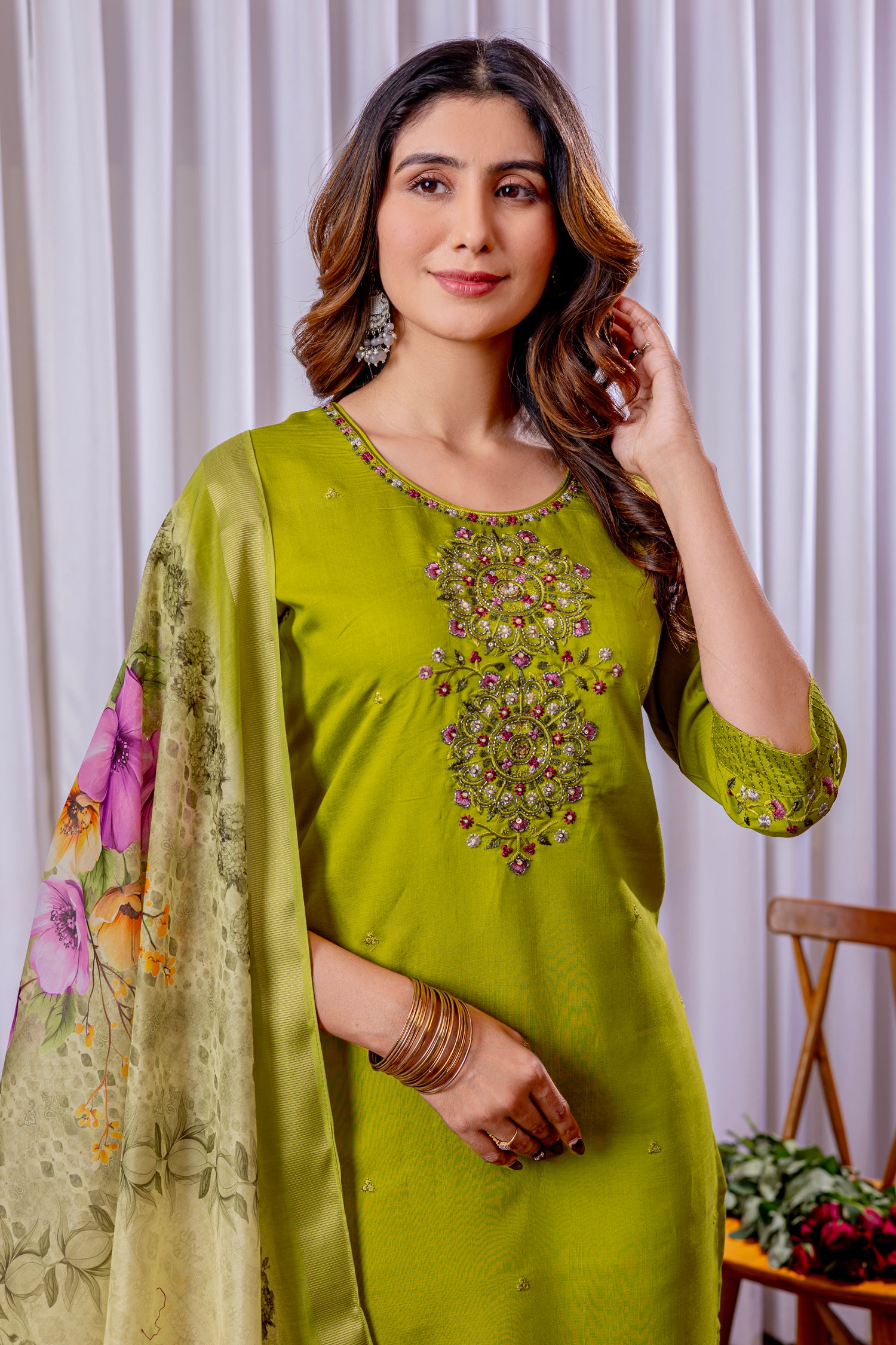 Lorenvalley Fashion Parrotgreen Viscose Silk Embroidery Thread With Hand Work Kurta Pant Dupatta