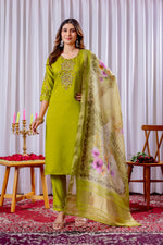 Thumbnail for Lorenvalley Fashion Parrotgreen Viscose Silk Embroidery Thread With Hand Work Kurta Pant Dupatta