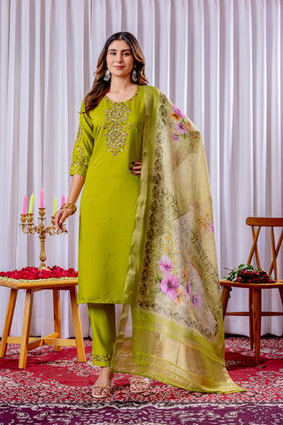 Lorenvalley Fashion Parrotgreen Viscose Silk Embroidery Thread With Hand Work Kurta Pant Dupatta