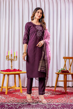 Thumbnail for Lorenvalley Fashion Wine Viscose Silk Embroidery Thread With Hand Work Kurta Pant Dupatta