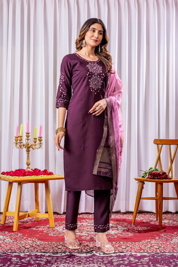 Lorenvalley Fashion Wine Viscose Silk Embroidery Thread With Hand Work Kurta Pant Dupatta