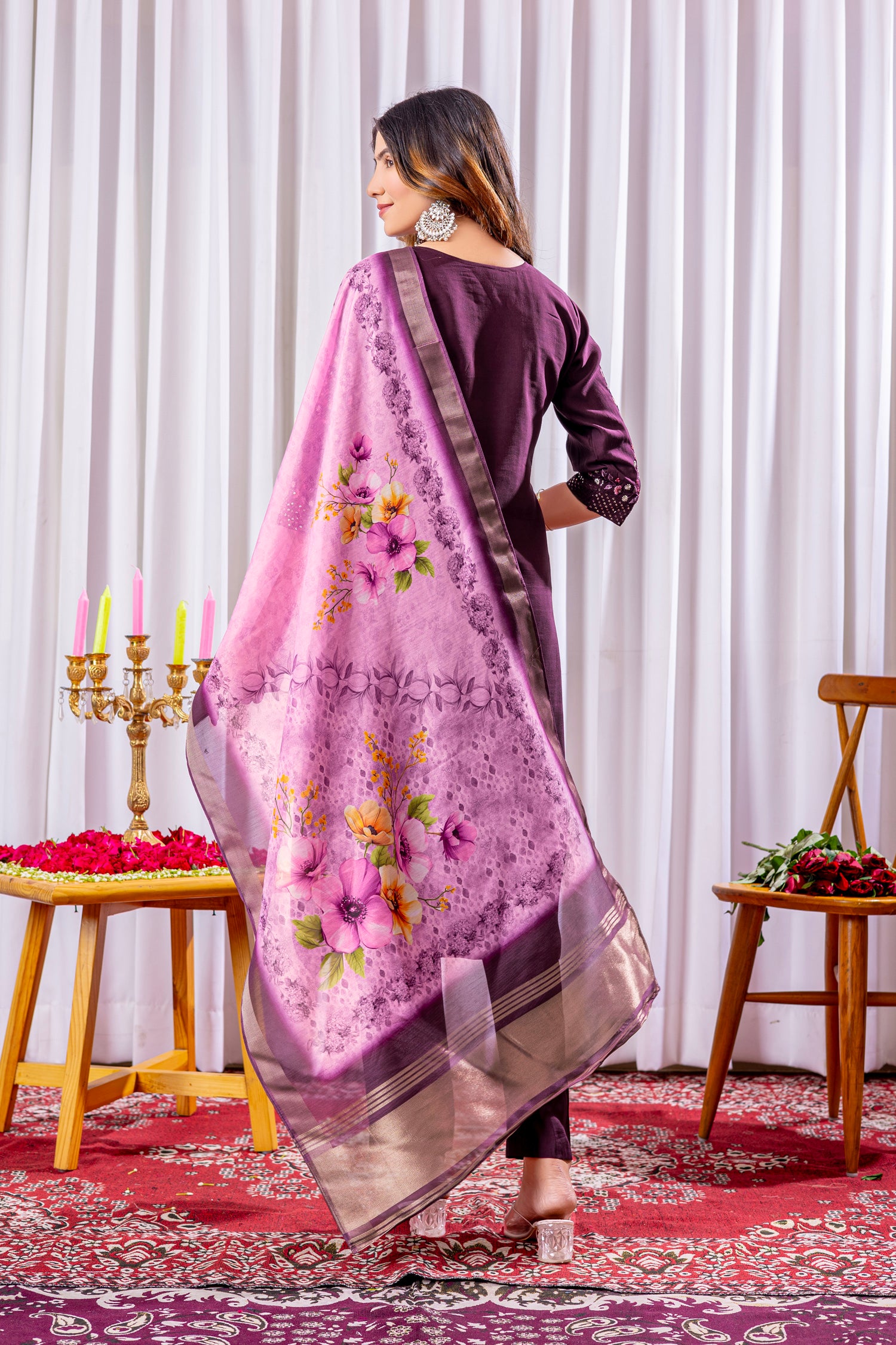 Lorenvalley Fashion Wine Viscose Silk Embroidery Thread With Hand Work Kurta Pant Dupatta
