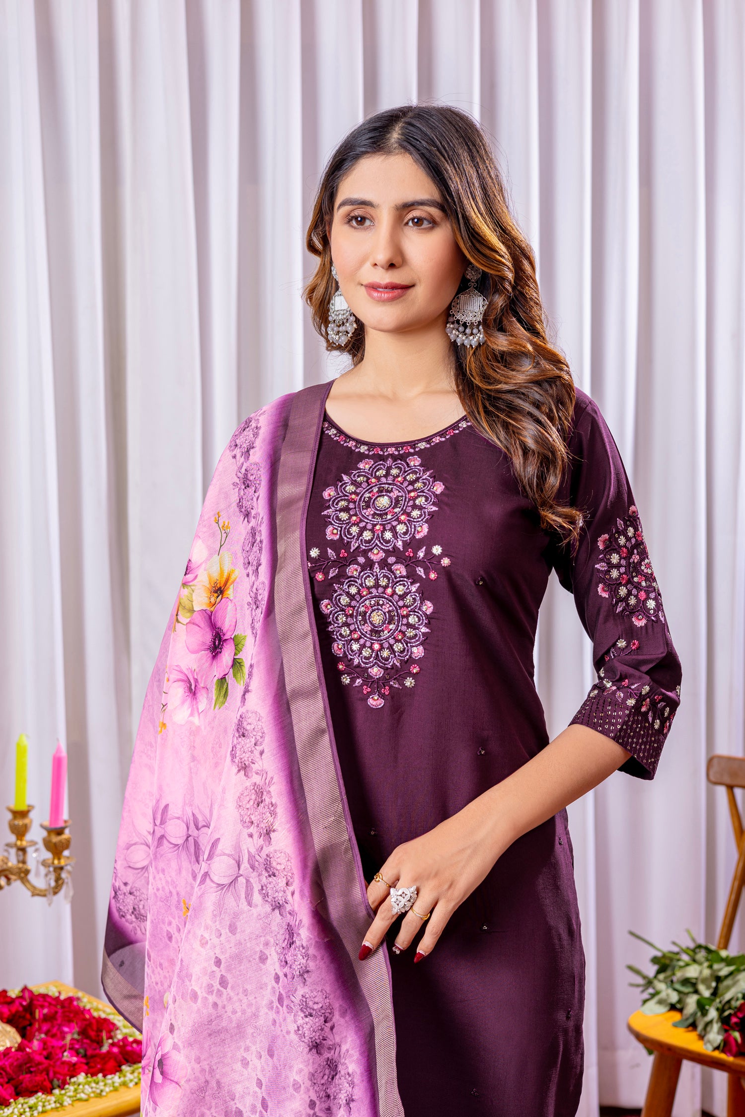 Lorenvalley Fashion Wine Viscose Silk Embroidery Thread With Hand Work Kurta Pant Dupatta