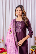 Thumbnail for Lorenvalley Fashion Wine Viscose Silk Embroidery Thread With Hand Work Kurta Pant Dupatta