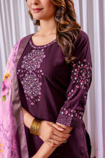 Thumbnail for Lorenvalley Fashion Wine Viscose Silk Embroidery Thread With Hand Work Kurta Pant Dupatta