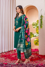 Thumbnail for Lorenvalley Fashion Green Marina Viscose Silk Embroidery Thread With Hand Work Kurta Pant Dupatta