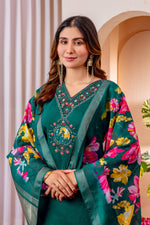 Thumbnail for Lorenvalley Fashion Green Marina Viscose Silk Embroidery Thread With Hand Work Kurta Pant Dupatta