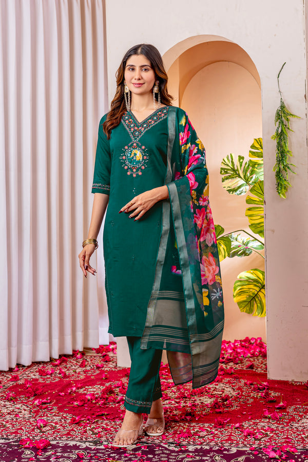 Lorenvalley Fashion Green Marina Viscose Silk Embroidery Thread With Hand Work Kurta Pant Dupatta