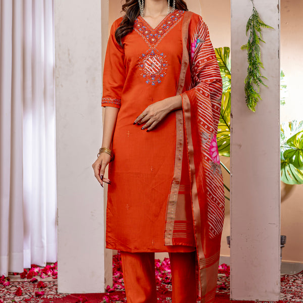 Lorenvalley Fashion Orange Marina Viscose Silk Embroidery Thread With Hand Work Kurta Pant Dupatta - Distacart