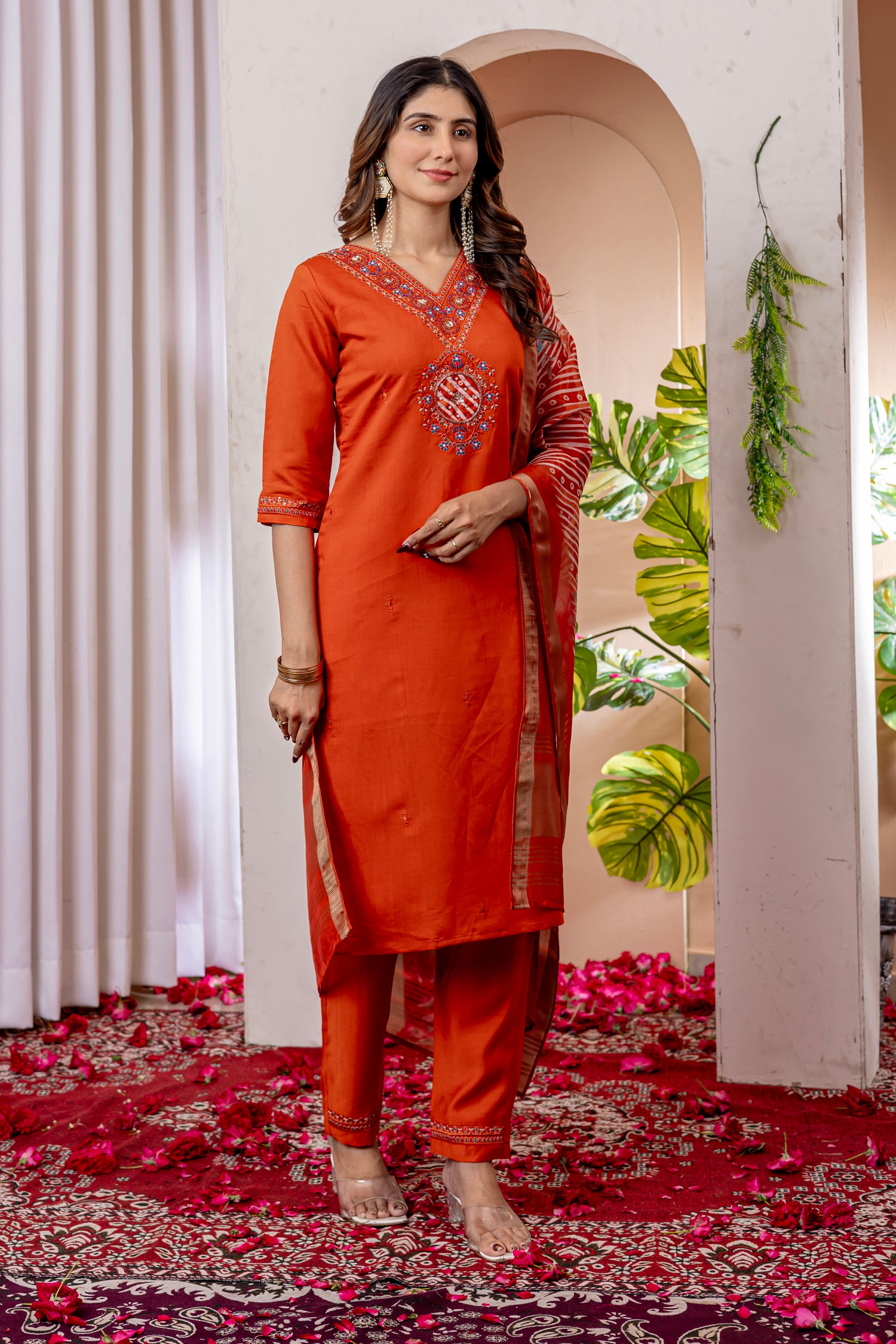 Lorenvalley Fashion Orange Marina Viscose Silk Embroidery Thread With Hand Work Kurta Pant Dupatta