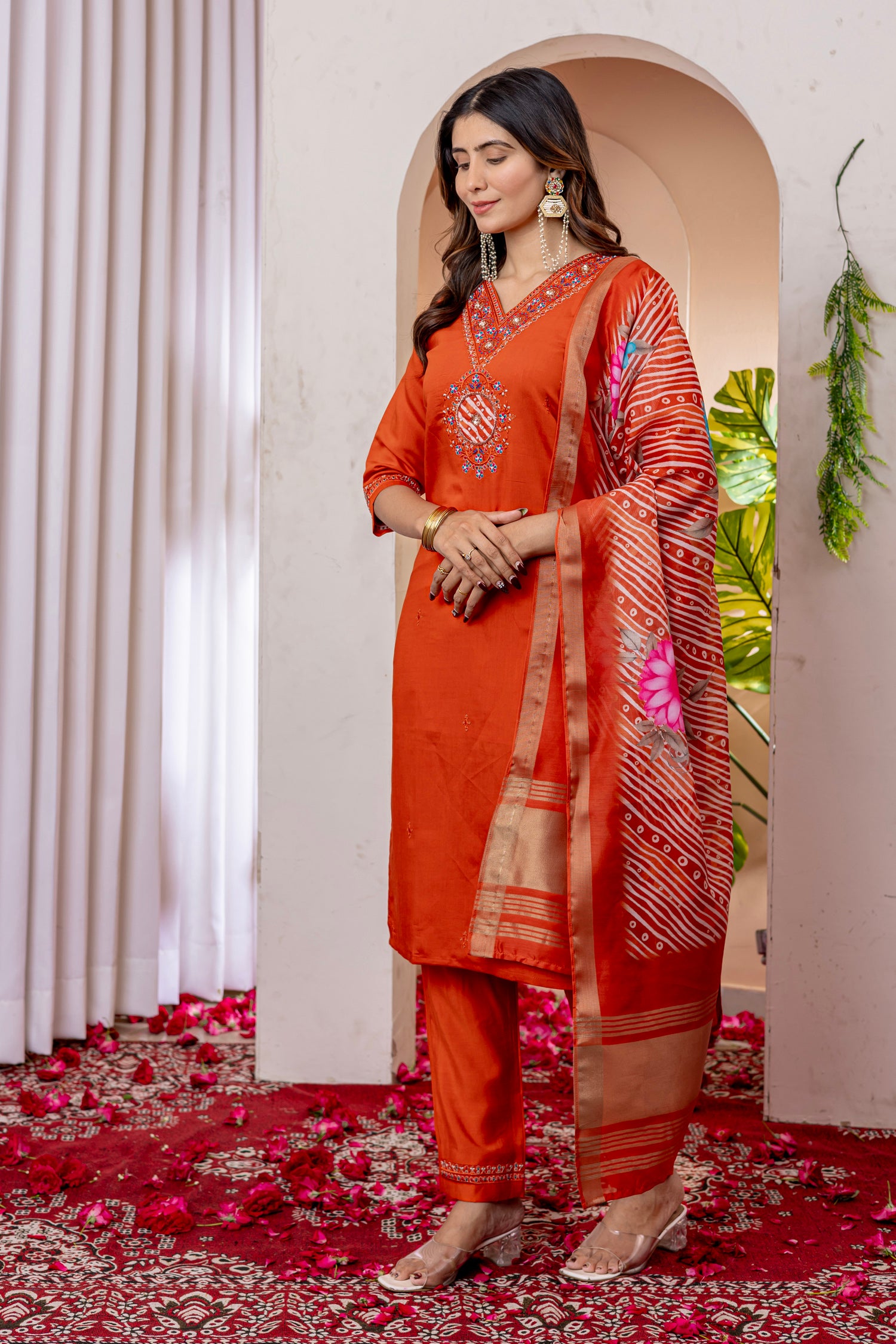 Lorenvalley Fashion Orange Marina Viscose Silk Embroidery Thread With Hand Work Kurta Pant Dupatta