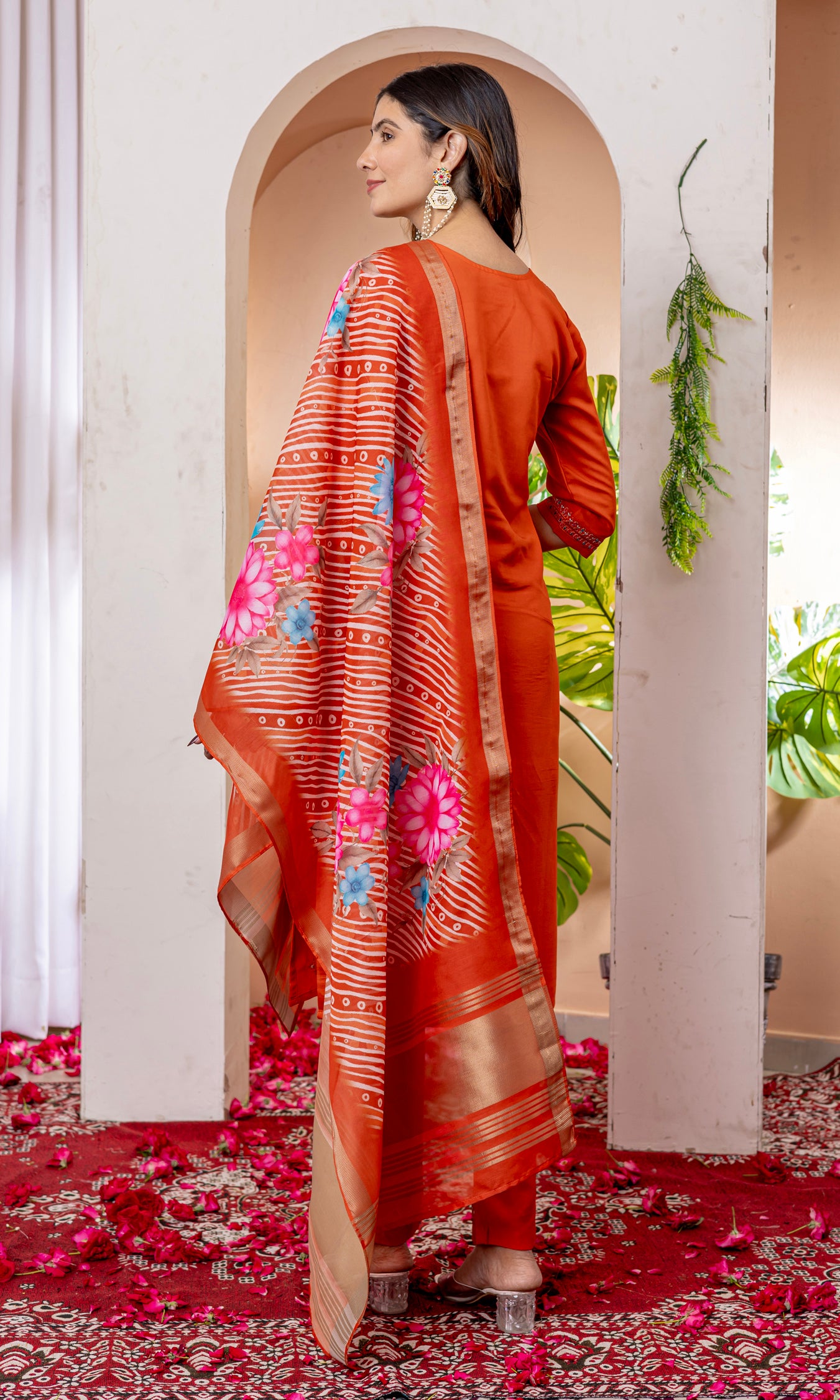 Lorenvalley Fashion Orange Marina Viscose Silk Embroidery Thread With Hand Work Kurta Pant Dupatta