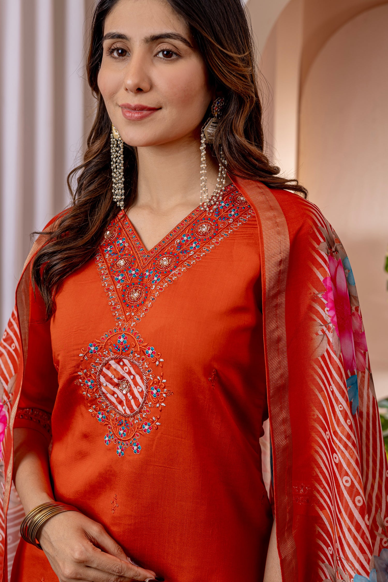 Lorenvalley Fashion Orange Marina Viscose Silk Embroidery Thread With Hand Work Kurta Pant Dupatta