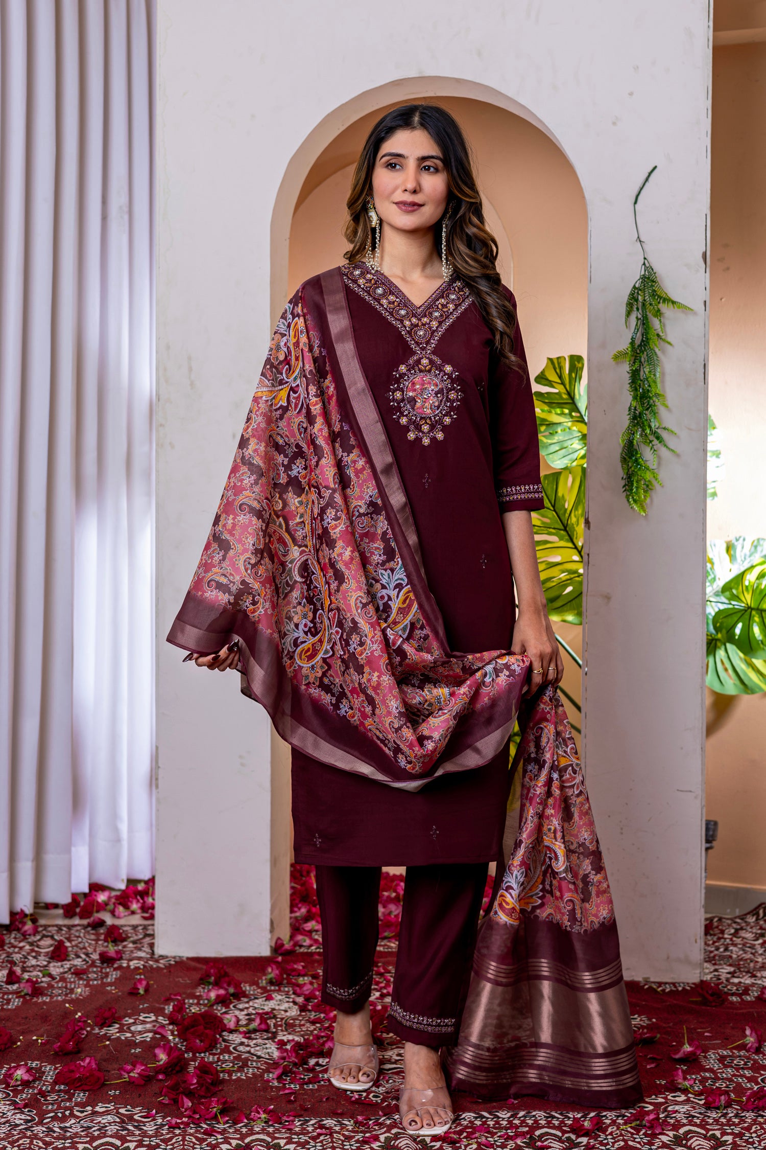 Lorenvalley Fashion Wine Marina Viscose Silk Embroidery Thread With Hand Work Kurta Pant Dupatta