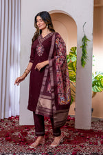 Thumbnail for Lorenvalley Fashion Wine Marina Viscose Silk Embroidery Thread With Hand Work Kurta Pant Dupatta