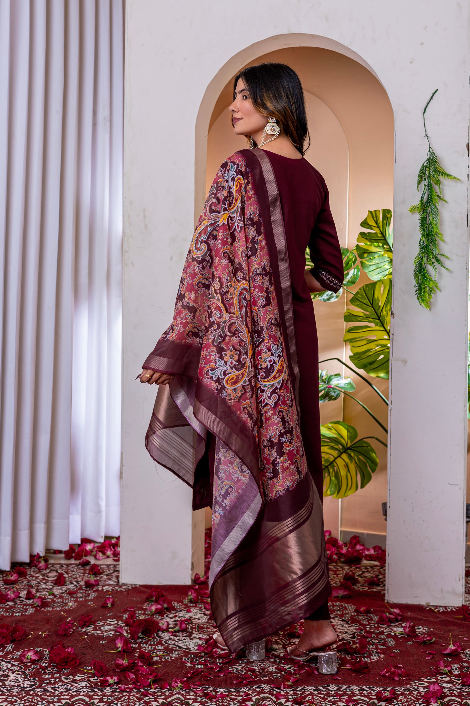 Lorenvalley Fashion Wine Marina Viscose Silk Embroidery Thread With Hand Work Kurta Pant Dupatta