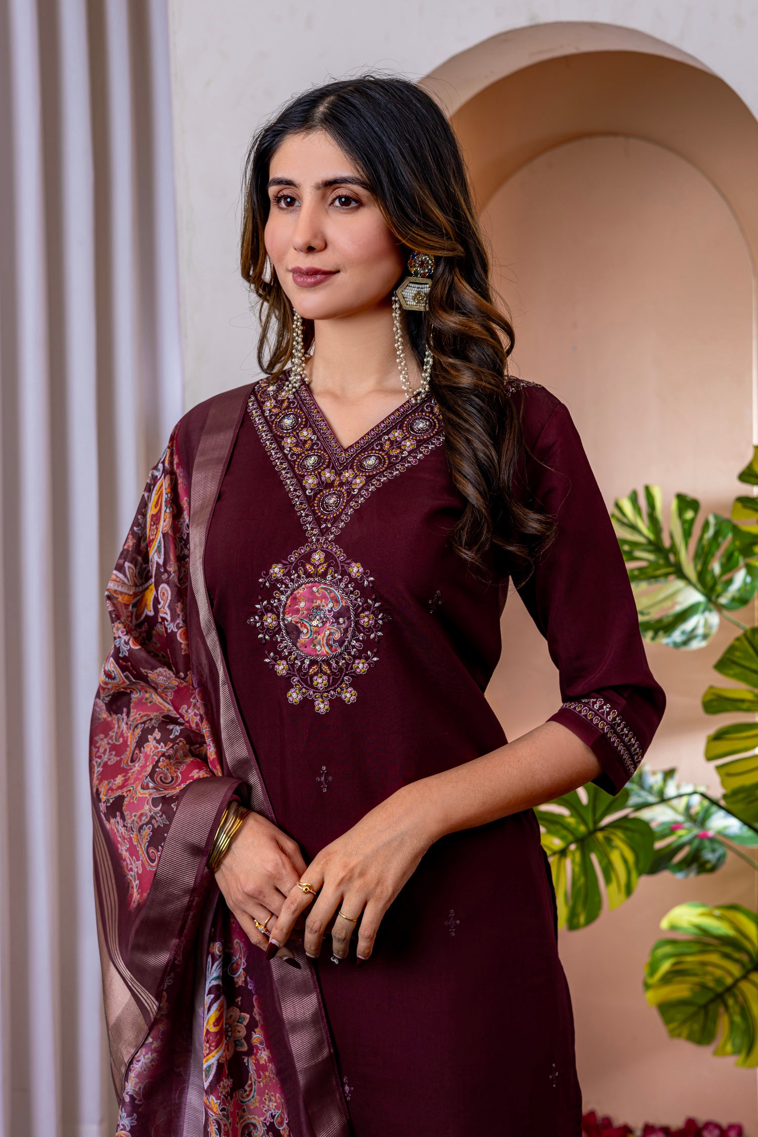 Lorenvalley Fashion Wine Marina Viscose Silk Embroidery Thread With Hand Work Kurta Pant Dupatta