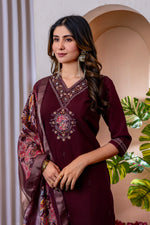 Thumbnail for Lorenvalley Fashion Wine Marina Viscose Silk Embroidery Thread With Hand Work Kurta Pant Dupatta