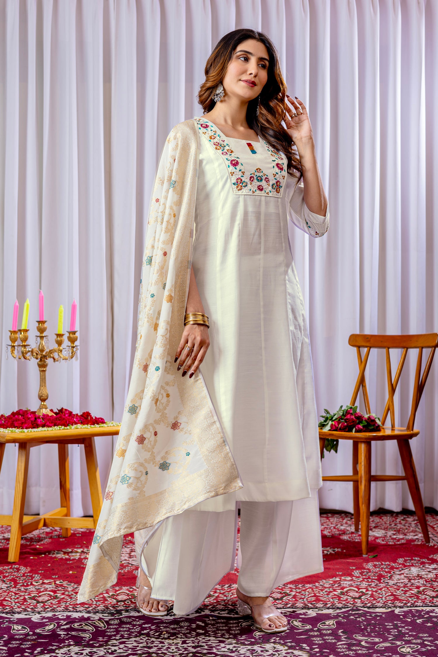 Lorenvalley Fashion White Mango Silk Multi Embroidery Thread,With Hand Work Kurta Palazzo Dupatta