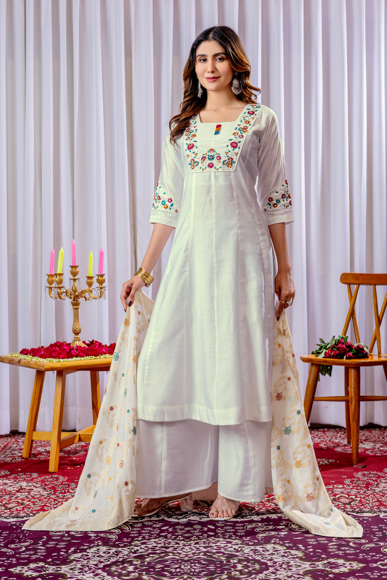 Lorenvalley Fashion White Mango Silk Multi Embroidery Thread,With Hand Work Kurta Palazzo Dupatta