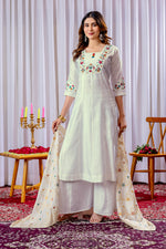 Thumbnail for Lorenvalley Fashion White Mango Silk Multi Embroidery Thread,With Hand Work Kurta Palazzo Dupatta