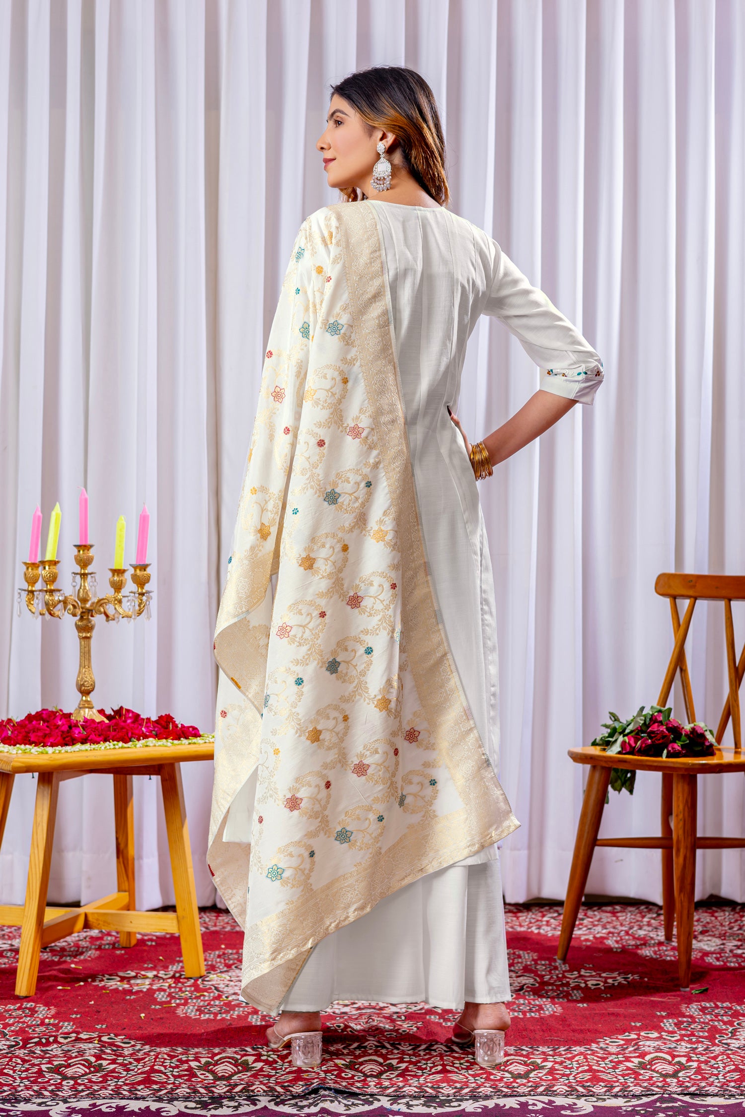 Lorenvalley Fashion White Mango Silk Multi Embroidery Thread,With Hand Work Kurta Palazzo Dupatta