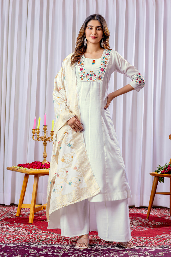 Lorenvalley Fashion White Mango Silk Multi Embroidery Thread,With Hand Work Kurta Palazzo Dupatta
