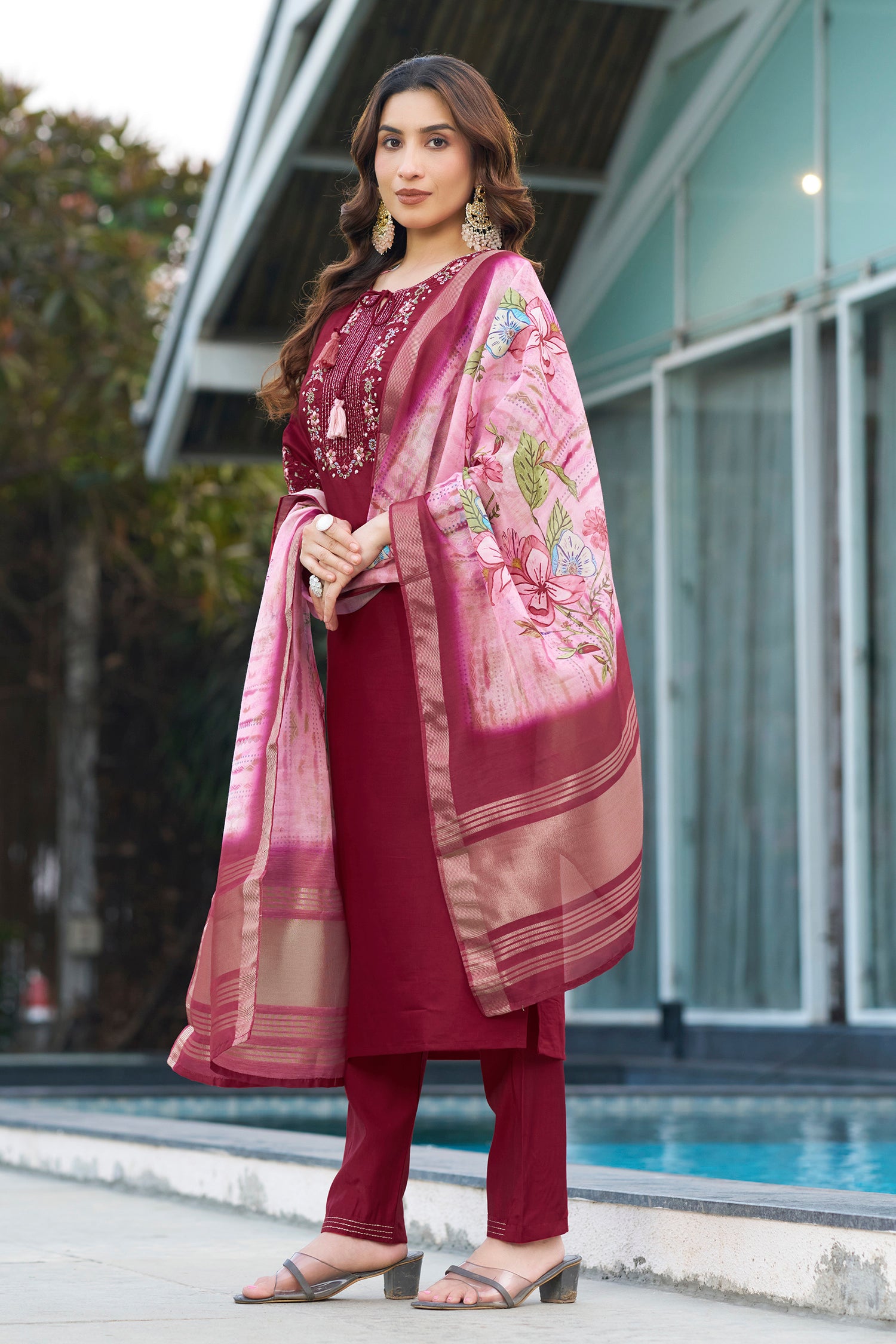 Lorenvalley Fashion Maroon Viscose Silk Multi Embroidery Thread,With Hand Work Kurta Pant Dupatta