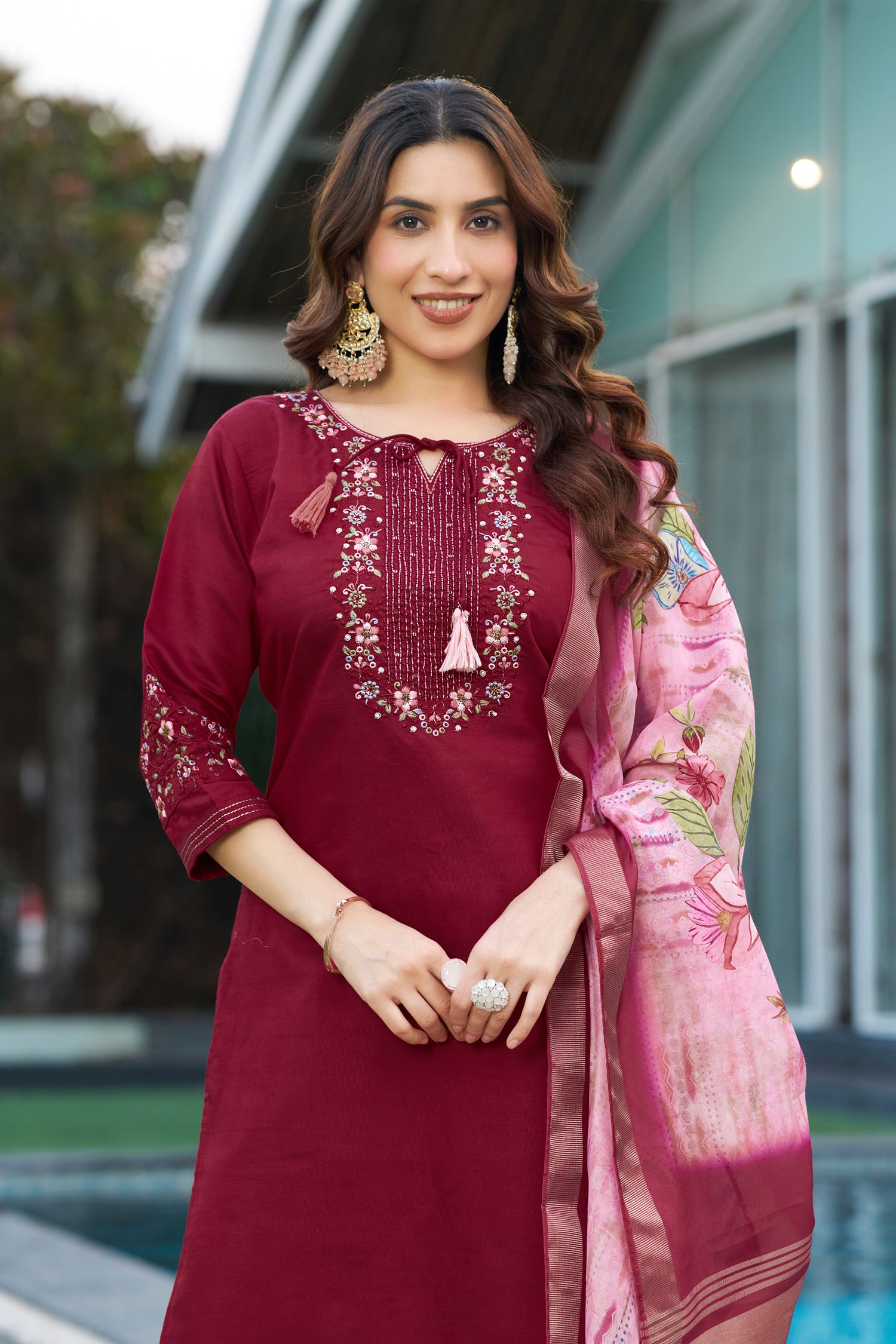Lorenvalley Fashion Maroon Viscose Silk Multi Embroidery Thread,With Hand Work Kurta Pant Dupatta