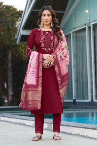 Lorenvalley Fashion Maroon Viscose Silk Multi Embroidery Thread,With Hand Work Kurta Pant Dupatta