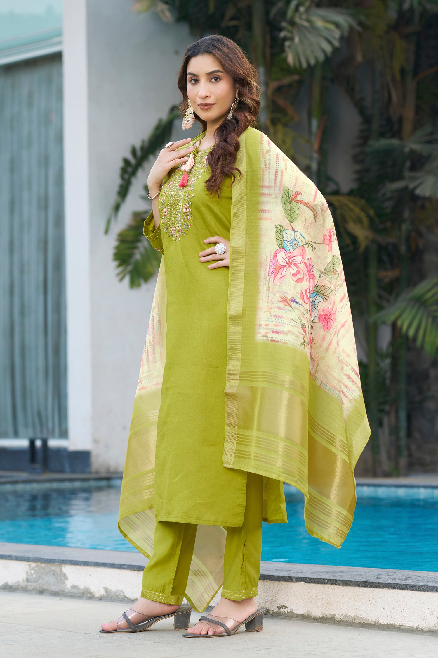 Lorenvalley Fashion Parrotgreen Viscose Silk Multi Embroidery Thread,With Hand Work Kurta Pant Dupatta
