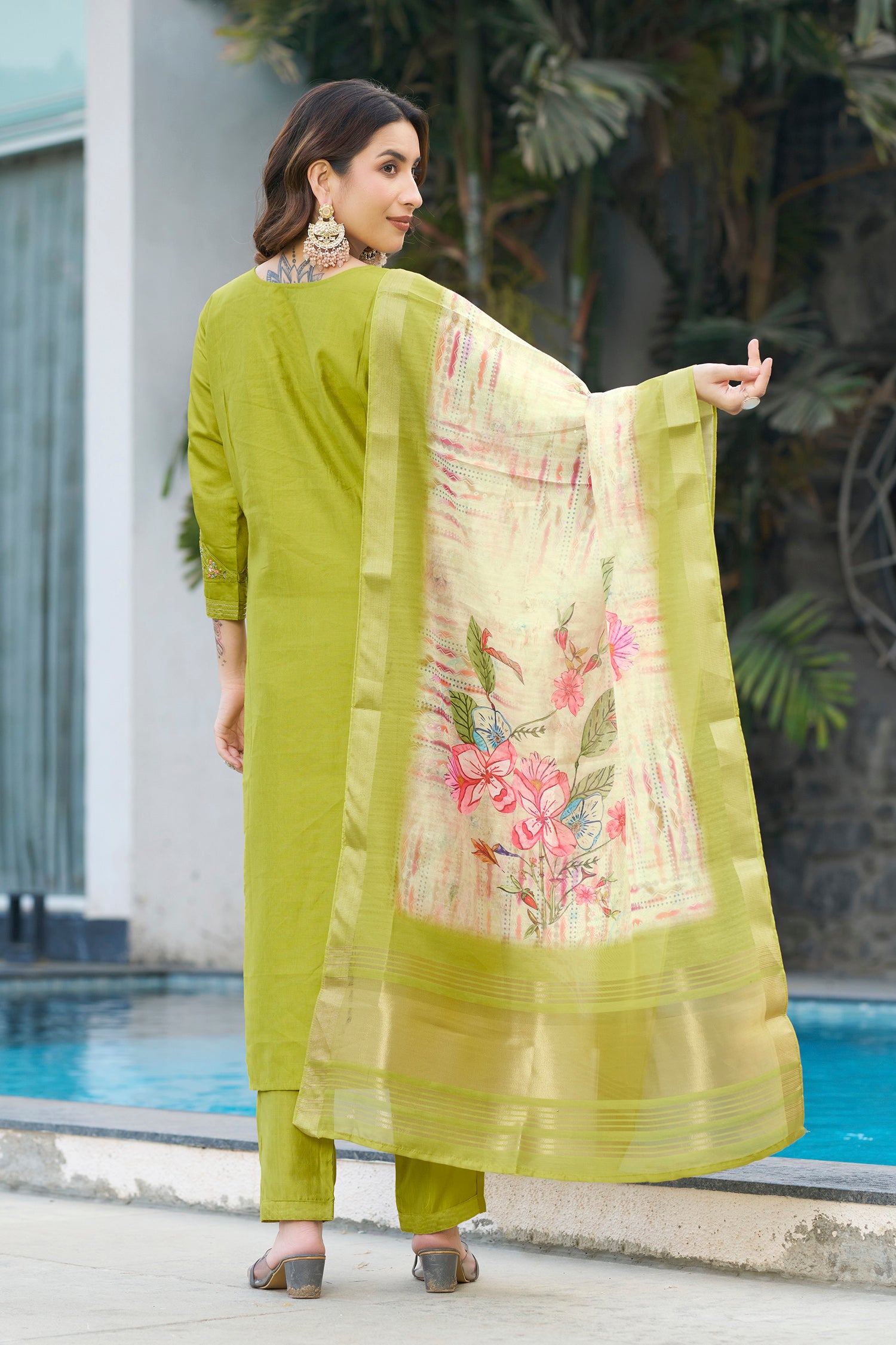 Lorenvalley Fashion Parrotgreen Viscose Silk Multi Embroidery Thread,With Hand Work Kurta Pant Dupatta