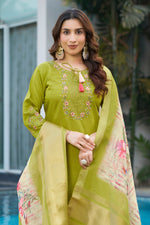 Thumbnail for Lorenvalley Fashion Parrotgreen Viscose Silk Multi Embroidery Thread,With Hand Work Kurta Pant Dupatta